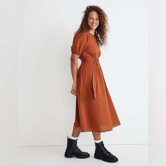 Madewell || Seersucker Belted Midi Dress Orange Large NWT