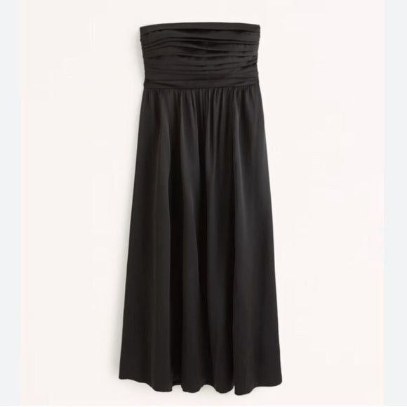 Abercrombie || Emerson Ruched Strapless Midi Dress Satin Black Large NWT