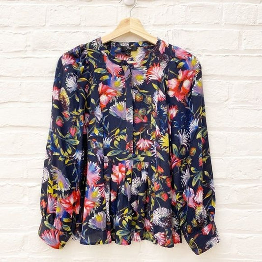 J.Crew || Silk Pleated Popover Blouse Floral Navy Small