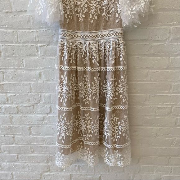 Ivy City Co. || Venice Dress Flutter Sleeves Lace Midi Dress White Champagne S