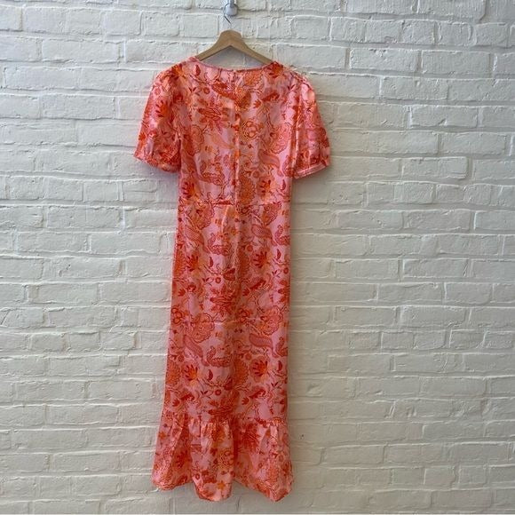 Cinq a Sept || Kay Ruffle Midi Dress English Rose Pink Orange Floral 4 NWT