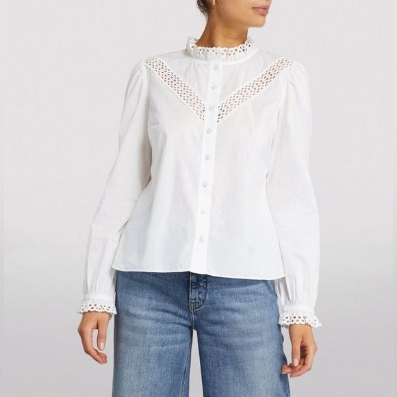 ME+EM || High Standing Ruffle Collar Broderie Blouse Poplin Pink US 2 UK 6