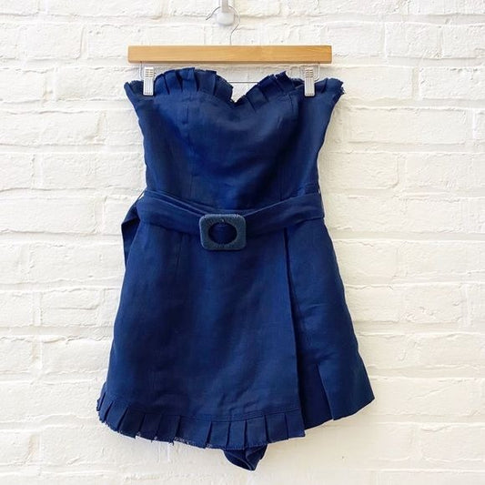 Alexis || Brin Strapless Belted Frill Ruffle Romper Navy Blue XS