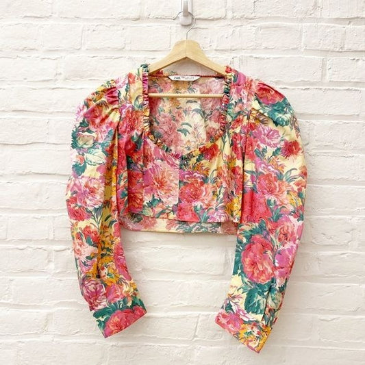 Zara || Puff Sleeve Floral Crop Top Pink Large