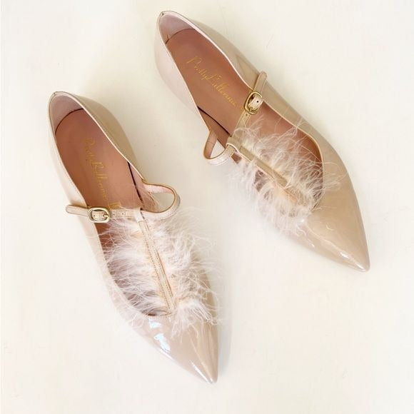 Pretty Ballerinas || Feather T-Strap Patent Flats Pointed Toe Blush Pink 39