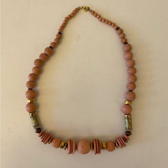 Chunky Pink Wooden + Gold Tone Beaded Necklace