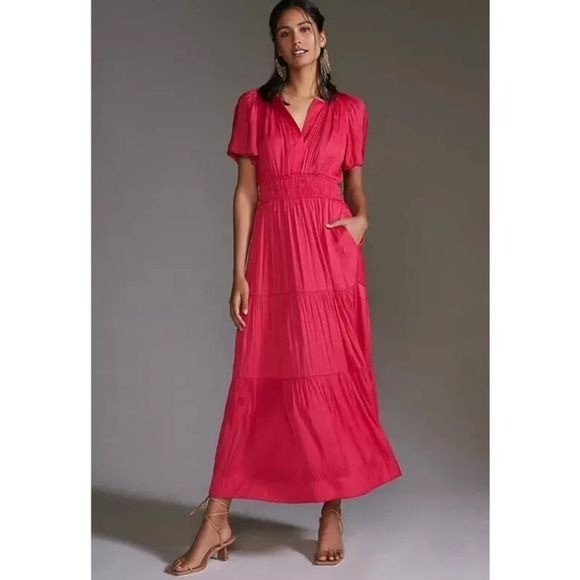 Anthropologie || Somerset Maxi Dress Smocked Waist Flutter Sleeve Pink Satin XS