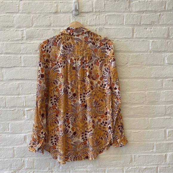 Anthropologie || The Romy Relaxed Buttondown Shirt Tan Peach Floral Small