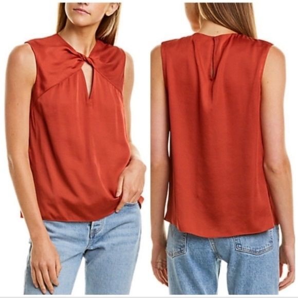 Rebecca Taylor || Sleeveless Satin Twist Top Keyhole Rust Orange 6