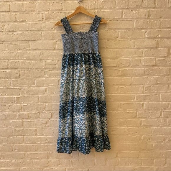 Rails || Rumi Dress in Striped Floral Smocked Square Neck Midi Blue Teal Small