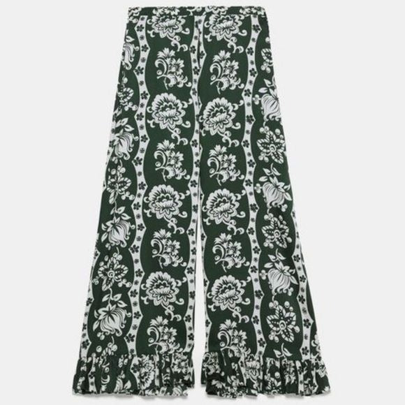 Zara || Floral Wide Leg Ruffle Hem Pants Satin Green White Small