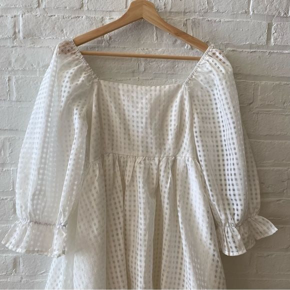 Entro || Puff Sleeve Babydoll Mini Dress White Plaid Medium Bride Bachelorette