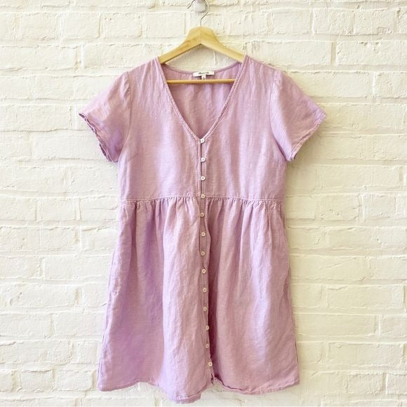 Madewell || Linen-Blend Alexandra Button-Front Mini Dress Lavender Purple Small