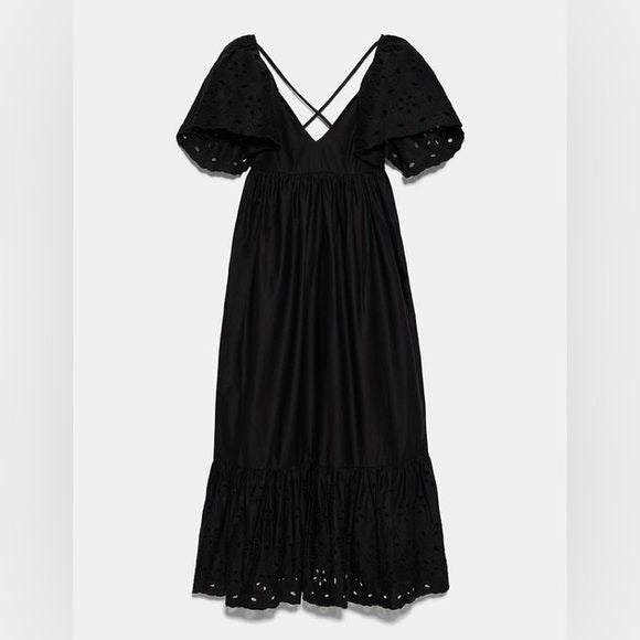 Zara || Openwork Embroidered Maxi Dress Eyelet Flutter Sleeve Black Medium