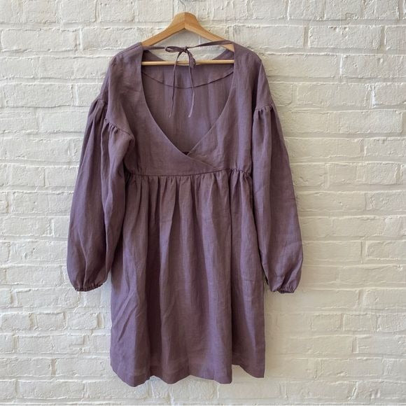 Wavy Linen || Heidi Dress Low Back Bishop Puff Sleeve in Dusty Plum Purple XS/S