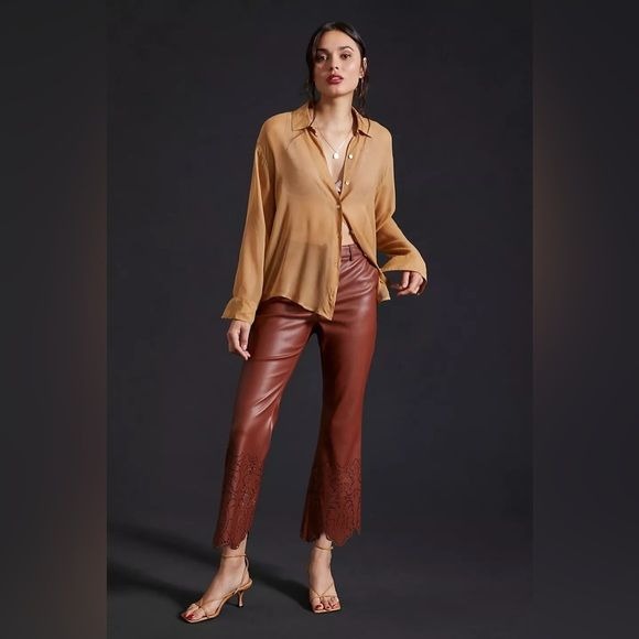 Anthropologie || Laser-Cut Faux Leather Trousers Crop Flare Cognac Brown 4