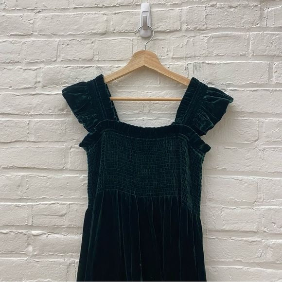 Hill House || Ellie Nap Dress Smocked Ruffle Midi Emerald Green Velvet Small