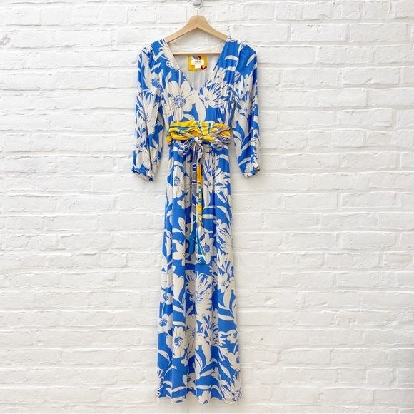 Anthropologie || Maeve Belted Kimono Floral Maxi Dress Blue Yellow 4