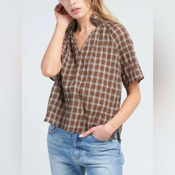 A Shirt Thing || Margot Plaid Top in Hazelnut Brown Ruffle Standing Collar P