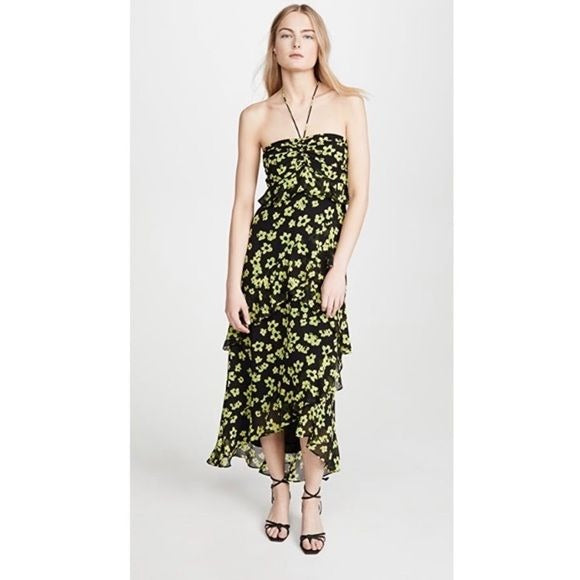 Wayf || Zander Tiered Halter Midi Dress Floral Black Green Medium