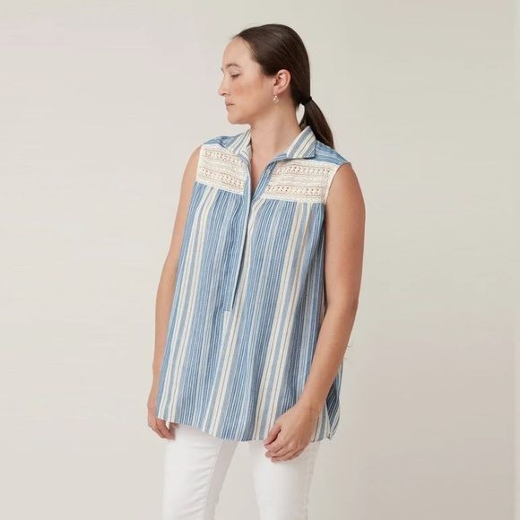 Megan Park || Rhea Crochet Yoke Steiped Sleeveless Top Blouse Blue 1 / US 6