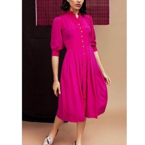 Tuckernuck || Daydress Isla Ruffle Collar Silk Fit Flare Shirtdress Midi Pink M