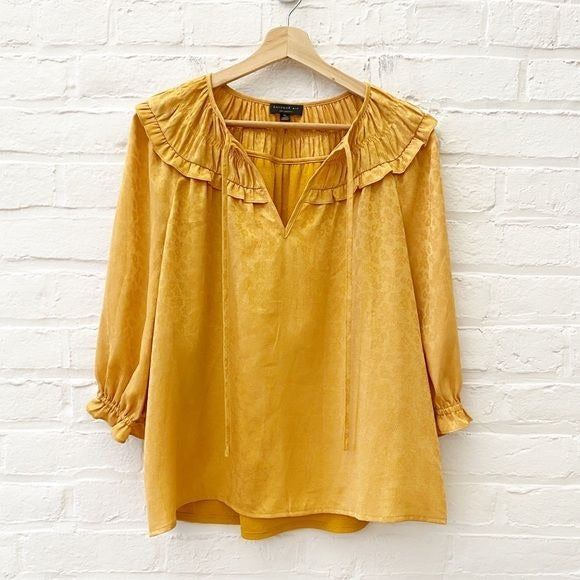 Anthropologie || Current Air Shirred Collar Floral Blouse Ruffle Gold XS