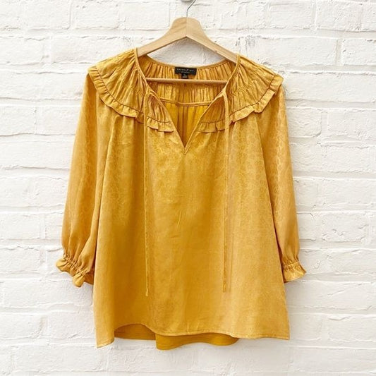 Anthropologie || Current Air Shirred Collar Floral Blouse Ruffle Gold XS