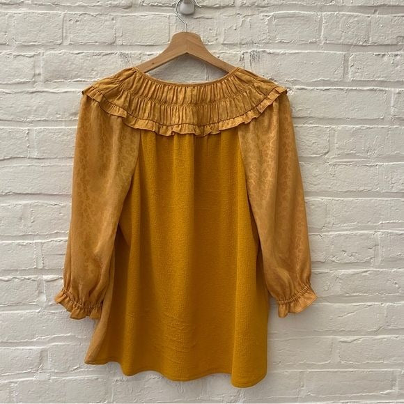 Anthropologie || Current Air Shirred Collar Floral Blouse Ruffle Gold XS