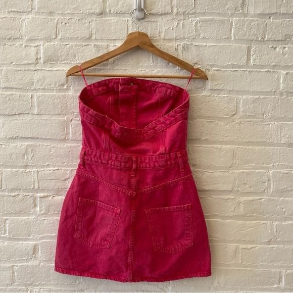 Zara || Strapless Denim Mini Dress Overdyed Hot Pink Medium NWT