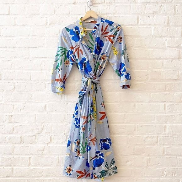 Zara || Striped Floral Twist Tie Front Shirt Dress Blue Large