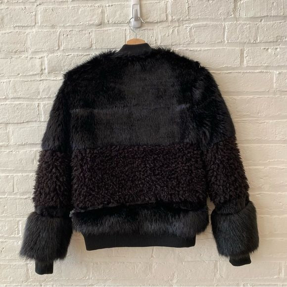 John + Jenn || Amy Faux Fur Bomber Jacket Mixed Texture Black XS