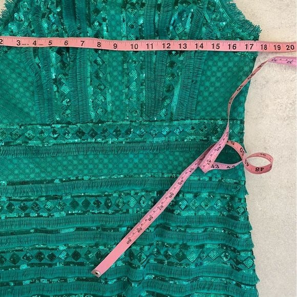 Tadashi Shoji || Norma Sequined Fringe Pencil Sheath Dress Jade Green 10 NWT