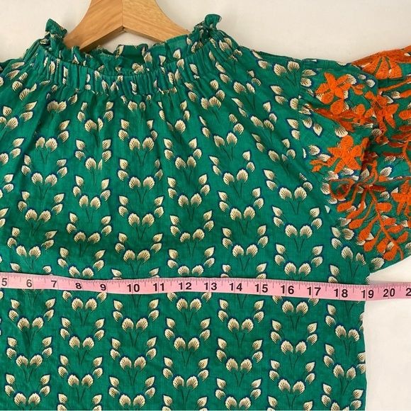 THML || Embroidered Puff Sleeve Blouse Top Button Back Floral Green Medium