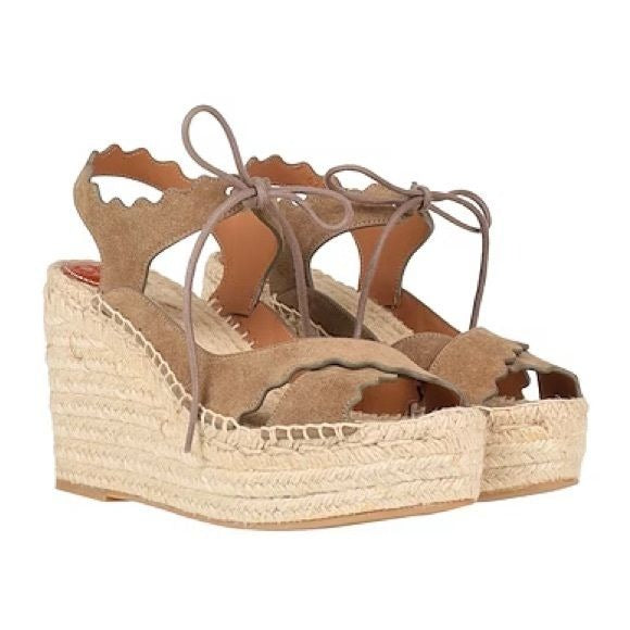 Chloe || Tie Ankle Scalloped Strappy Espadrille Platform Wedge Tan 37