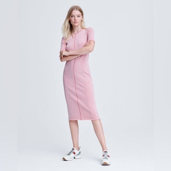 Rag & Bone || Elina Midi Dress Ribbed Short Sleeve Stretch Pink XS