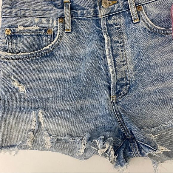 AGOLDE || Parker Vintage Cut Off Shorts Swapmeet Blue Denim Distressed Fray 28