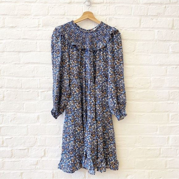 Boden || Smocked Yoke Tiered Long Sleeve Dress Ditsy Floral Blue 8