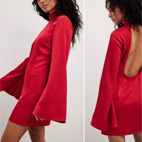 ASOS || NA-KD High Neck Bell Sleeve Open Back Mini Dress Red EU 36 US 4 NWT