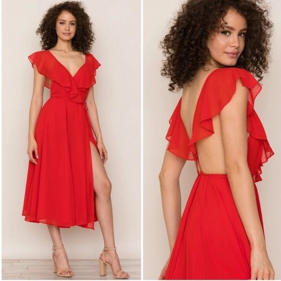 Anthropologie || Yumi Kim Bouquet Wrap Ruffle Midi Dress Backless Red Small