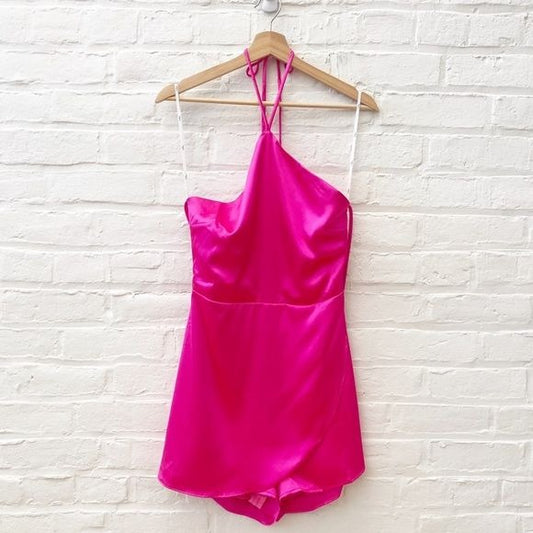 Lulus || Diva Destiny Hot Pink Satin Backless Halter Romper Medium NWT