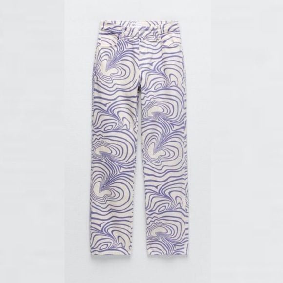 Zara || Abstract Hearts Printed Straight Leg High Rise Rigid Jeans Cream Blue 4