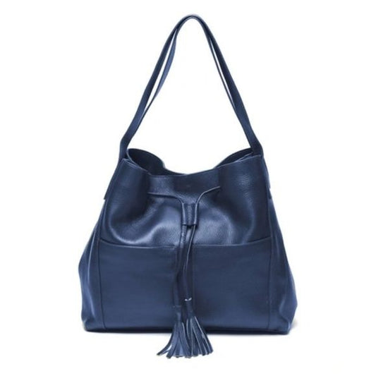 LAGGO || Andrea Tassel Drawstring Hobo Bag Pockets Pebbled Leather Navy