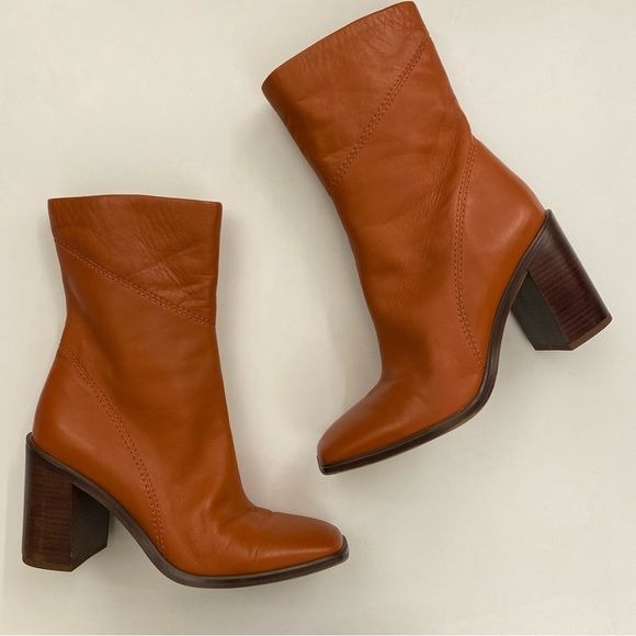 Franco Sarto || Stevie Square Toe Mid Shaft Ankle Boot Bootie Dark Orange Brown