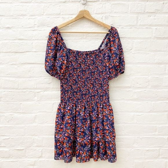 Parker || Floral Smocked Tiered Ruffle Mini Dress Square Neck Blue Red Small