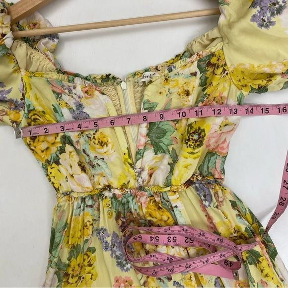 For Love & Lemons || Leigh Floral Midi Dress Plunge V-Wire Yellow Small