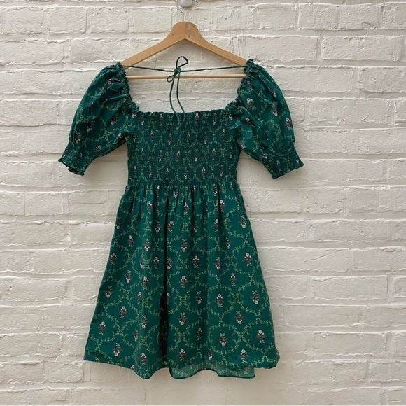 Hill House Home || Athena Nap Dress Emerald Trellis Green Floral Mini Small