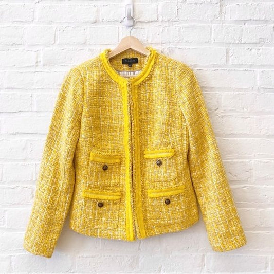 Talbots || Tweed Lady Jacket Fringe Patch Pocket Buttons Preppy Yellow 2