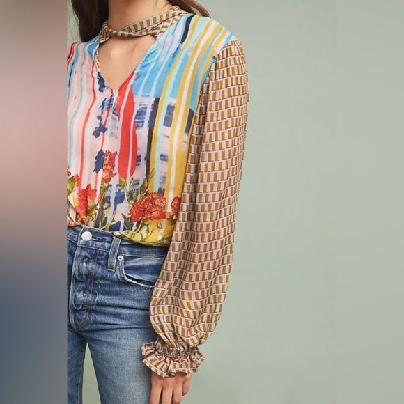 Anthropologie || Conditions Apply Watercolor Floral Keyhole Blouse XS