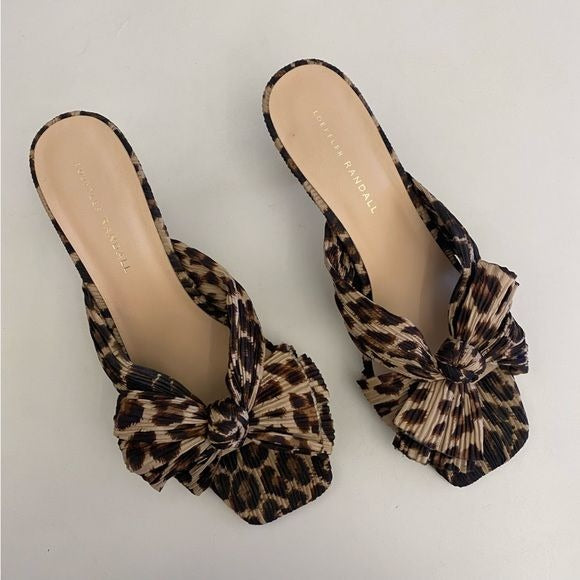 Loeffler Randall || Eugenia Pleated Knot Bow Square Toe Slides Leopard 9.5